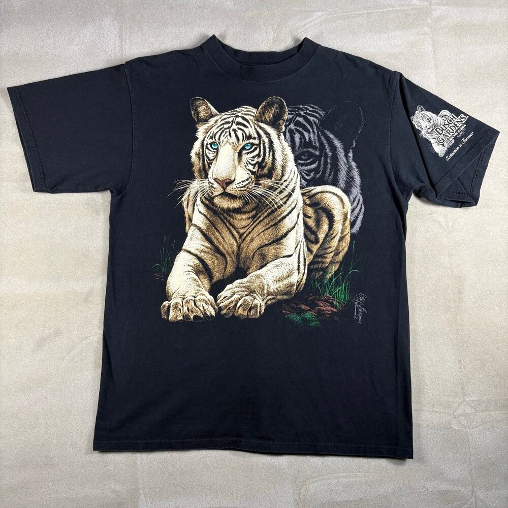 Vintage Busch Gardens White Tiger Graphic T Shirt USA Made Black Large